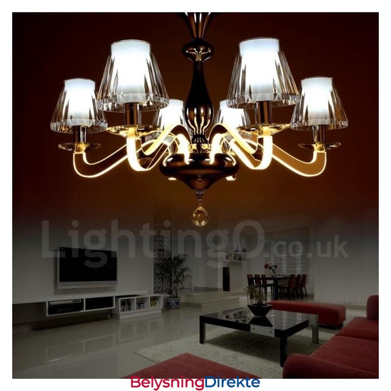 Dimbar Moderne Samtidskrone I Stål Med 6 Lys Og Glassskjerm