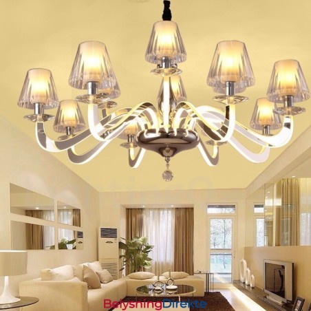 Dimbar Moderne Samtidskrone I Stål Med 10 Lys Og Glassskjerm