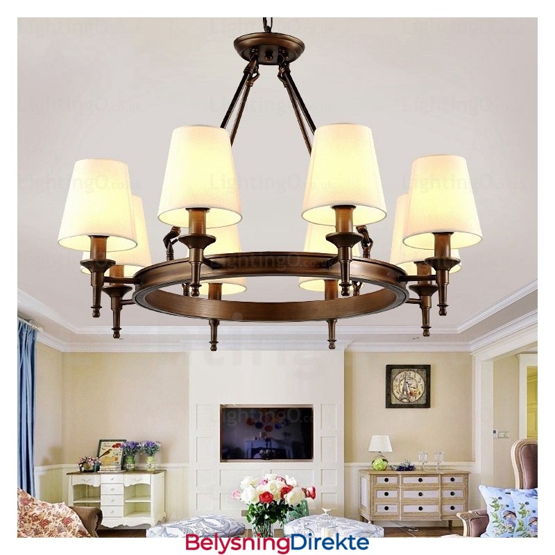 8 Lys Nordisk Landlig Rustikk Pendellampe Med Stoffskjerm