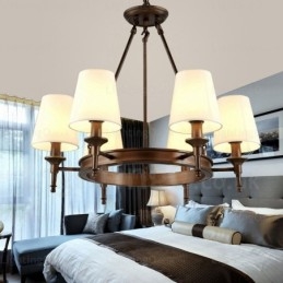 Nordisk Landlig Rustik Pendellampe Med 6 Lys Og Stoffskjerm