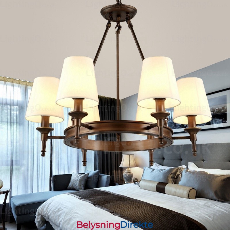 Nordisk Landlig Rustik Pendellampe Med 6 Lys Og Stoffskjerm