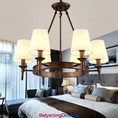 Nordisk Landlig Rustik Pendellampe Med 6 Lys Og Stoffskjerm