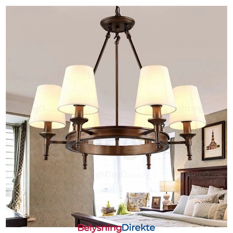 Nordisk Landlig Rustik Pendellampe Med 6 Lys Og Stoffskjerm