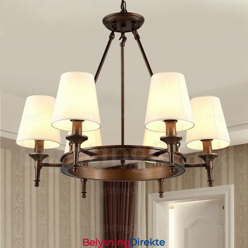 Nordisk Landlig Rustik Pendellampe Med 6 Lys Og Stoffskjerm