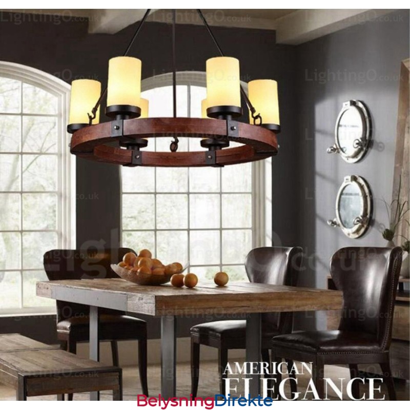 Landlig Rustik Pendellampe Med 6 Lys Og Glassskjerm