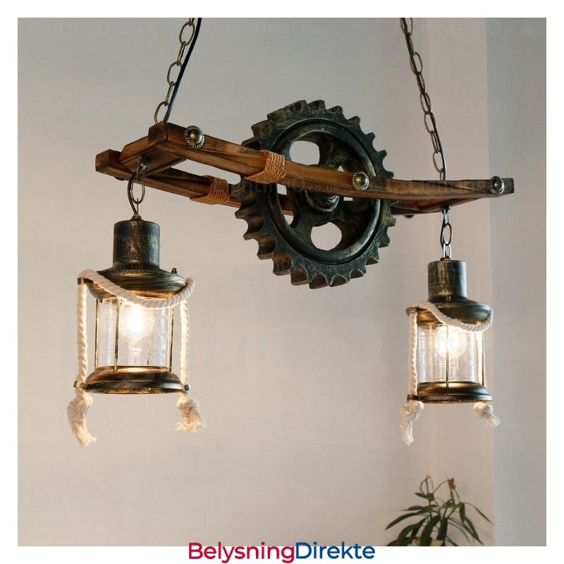 Landlig Rustikk Vintage Retro Pendellampe Med 2 Lys Og Glassskjerm