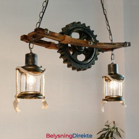 Landlig Rustikk Vintage Retro Pendellampe Med 2 Lys Og Glassskjerm