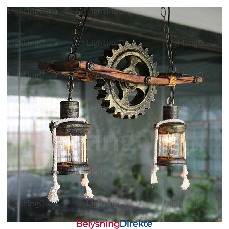 Landlig Rustikk Vintage Retro Pendellampe Med 2 Lys Og Glassskjerm