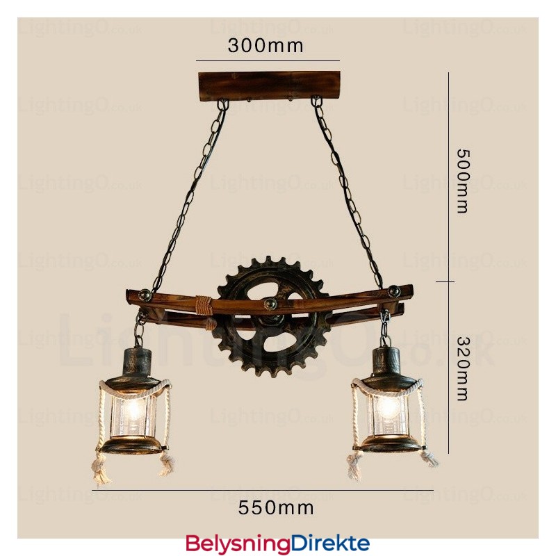 Landlig Rustikk Vintage Retro Pendellampe Med 2 Lys Og Glassskjerm