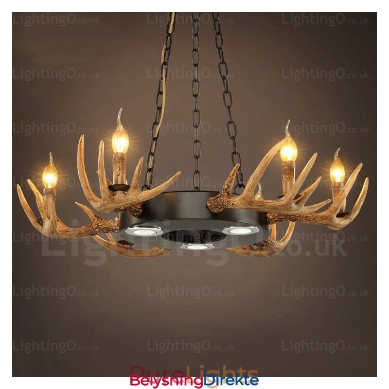 9-Lys Vintage Retro Rustikk Gevirlysekrone Anhengslampe