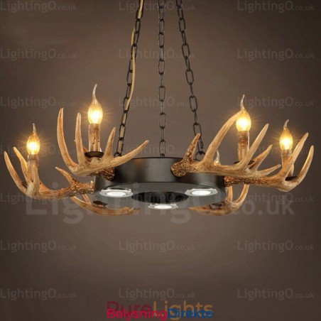 9-Lys Vintage Retro Rustikk Gevirlysekrone Anhengslampe