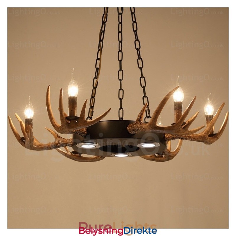 9-Lys Vintage Retro Rustikk Gevirlysekrone Anhengslampe