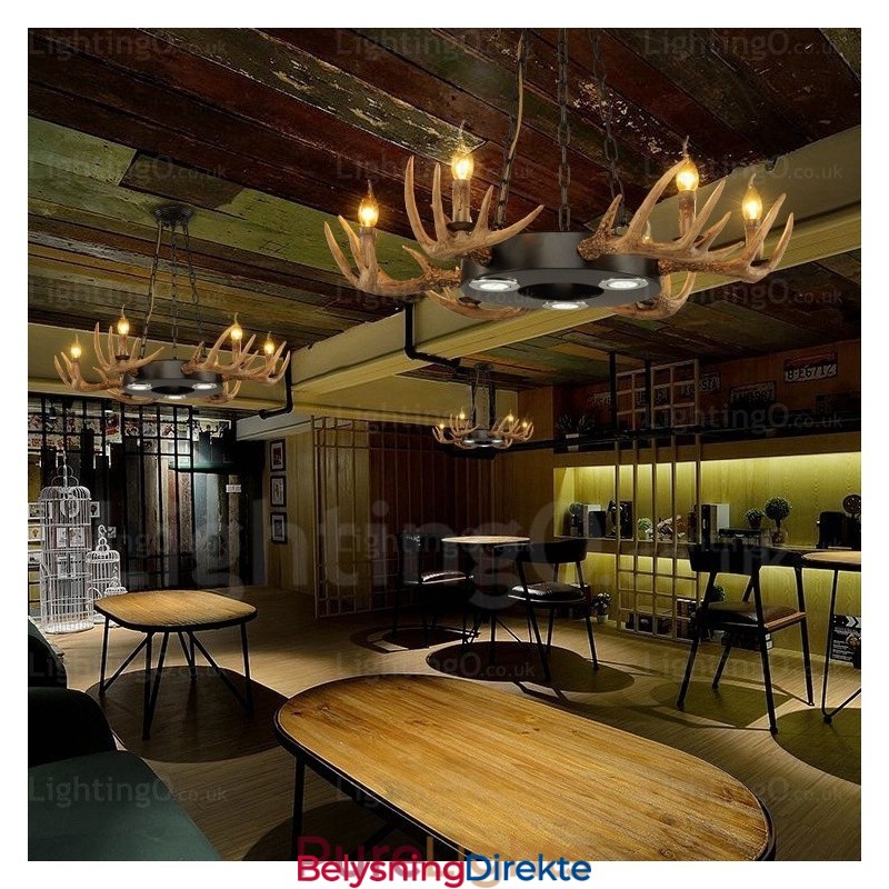 9-Lys Vintage Retro Rustikk Gevirlysekrone Anhengslampe