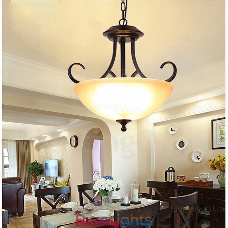 Landlig Rustik Pendellampe Med 3 Lys Og Glassskjerm