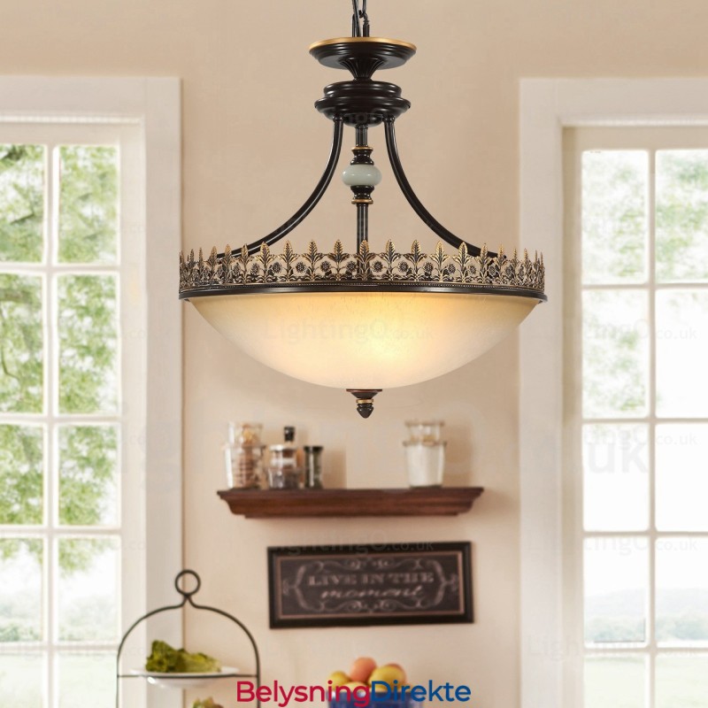 Landlig Rustik Pendellampe Med 3 Lys Og Glassskjerm