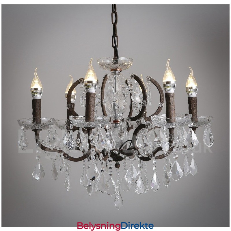 6 Lys I Diameter 60 Cm Vintage Krystallmaling Metalllysekrone Rusten Jernfarget Anhengslampe