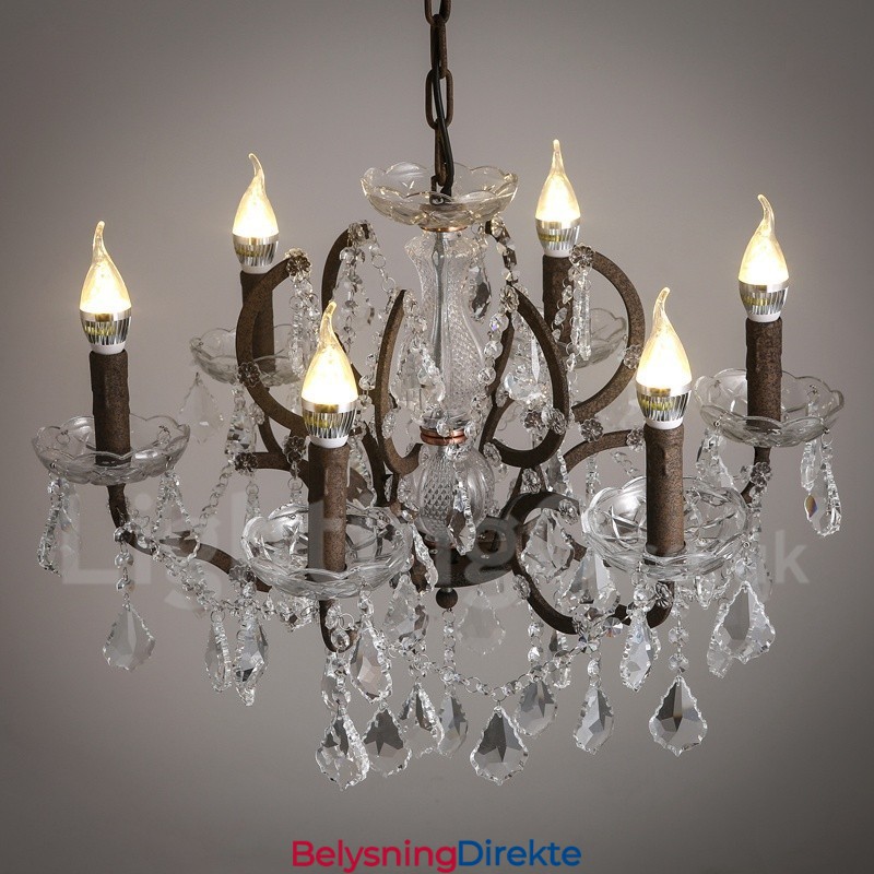 6 Lys I Diameter 60 Cm Vintage Krystallmaling Metalllysekrone Rusten Jernfarget Anhengslampe