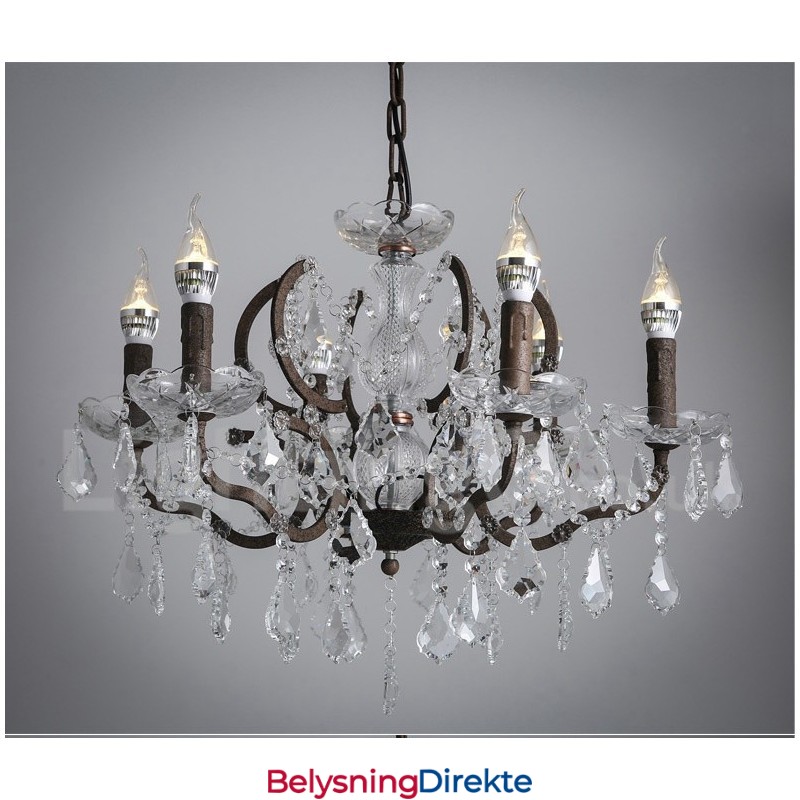 6 Lys I Diameter 60 Cm Vintage Krystallmaling Metalllysekrone Rusten Jernfarget Anhengslampe