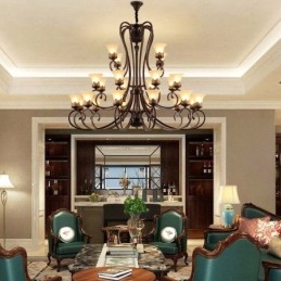 24 Lys Høyt Under Taket Vintage Landlig Øymaleri Metalllysekrone Med Glassskjermer Høyt Under Taket