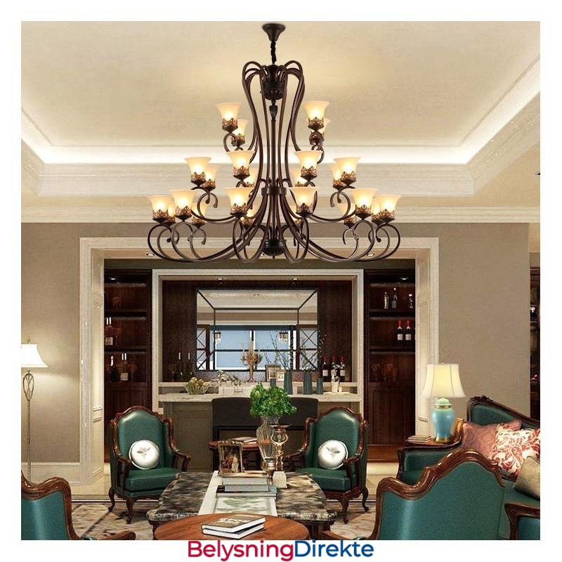 24 Lys Høyt Under Taket Vintage Landlig Øymaleri Metalllysekrone Med Glassskjermer Høyt Under Taket