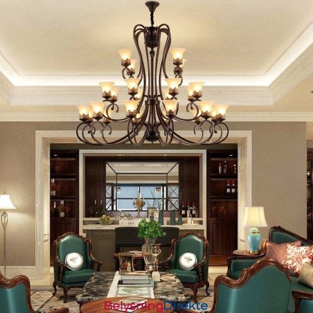 24 Lys Høyt Under Taket Vintage Landlig Øymaleri Metalllysekrone Med Glassskjermer Høyt Under Taket