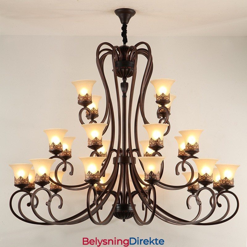 24 Lys Høyt Under Taket Vintage Landlig Øymaleri Metalllysekrone Med Glassskjermer Høyt Under Taket