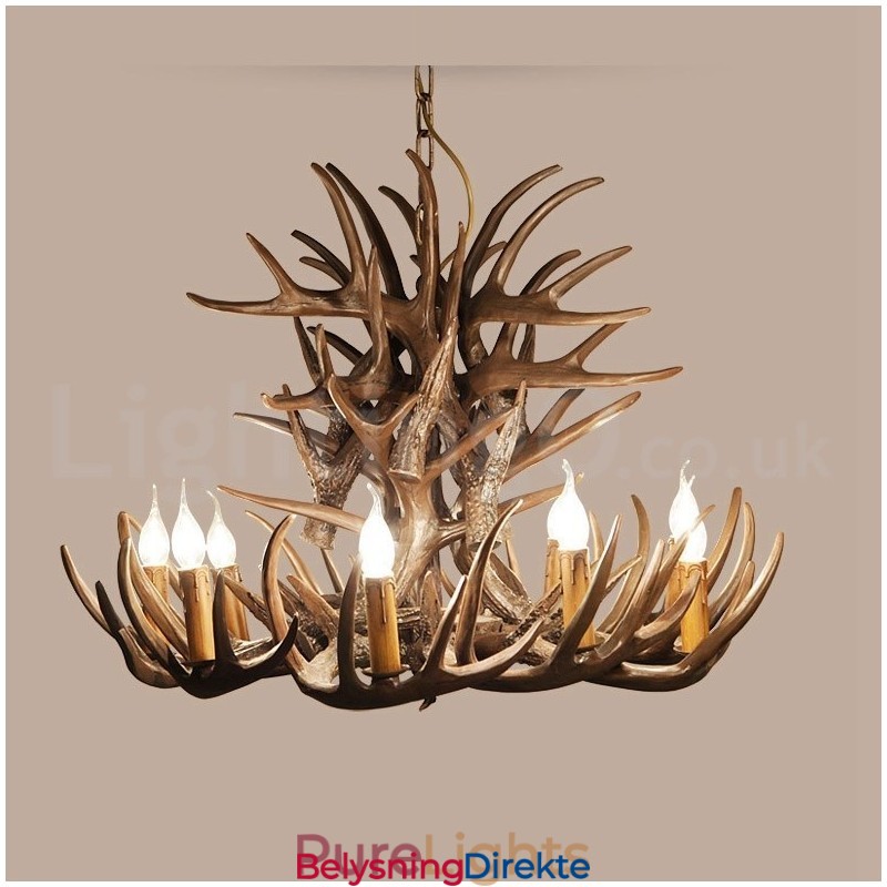 Rustikk Kunstnerisk Retro Lysekrone Med Gevir Og 9 Lys