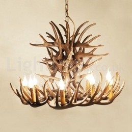 Rustikk Kunstnerisk Retro Lysekrone Med Gevir Og 9 Lys