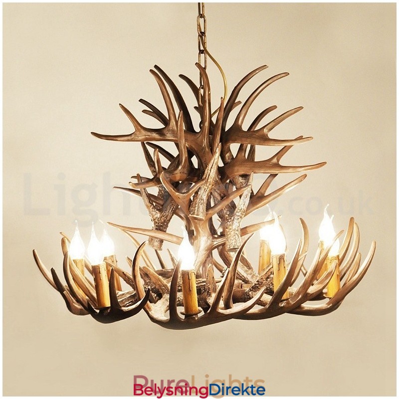 Rustikk Kunstnerisk Retro Lysekrone Med Gevir Og 9 Lys