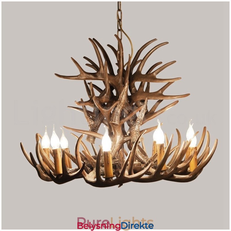 Rustikk Kunstnerisk Retro Lysekrone Med Gevir Og 9 Lys