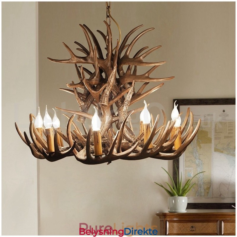 Rustikk Kunstnerisk Retro Lysekrone Med Gevir Og 9 Lys