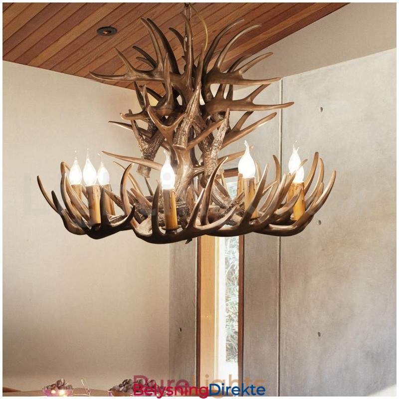 Rustikk Kunstnerisk Retro Lysekrone Med Gevir Og 9 Lys