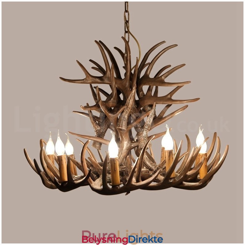 Rustikk Kunstnerisk Retro Lysekrone Med Gevir Og 9 Lys