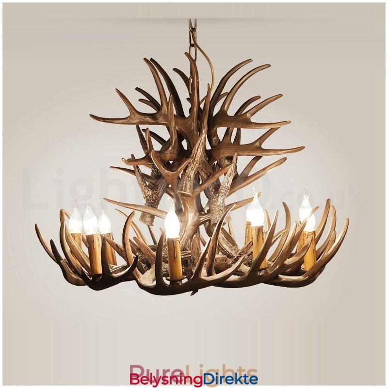 Rustikk Kunstnerisk Retro Lysekrone Med Gevir Og 9 Lys