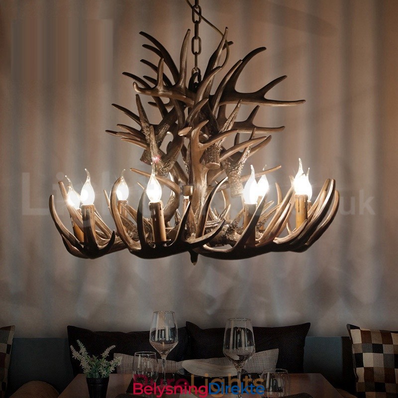 Rustikk Kunstnerisk Retro Lysekrone Med Gevir Og 9 Lys