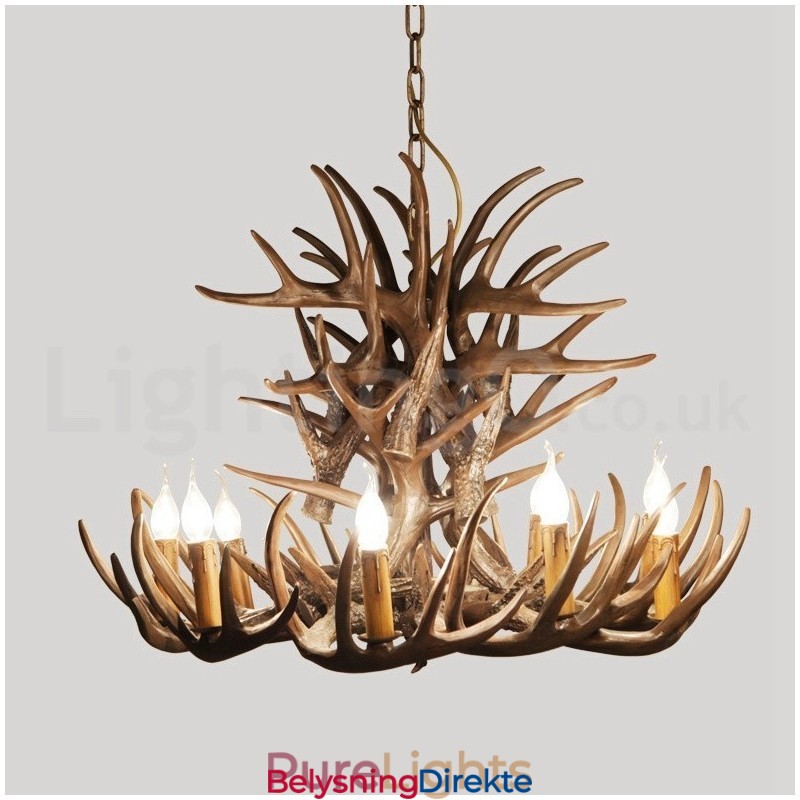 Rustikk Kunstnerisk Retro Lysekrone Med Gevir Og 9 Lys