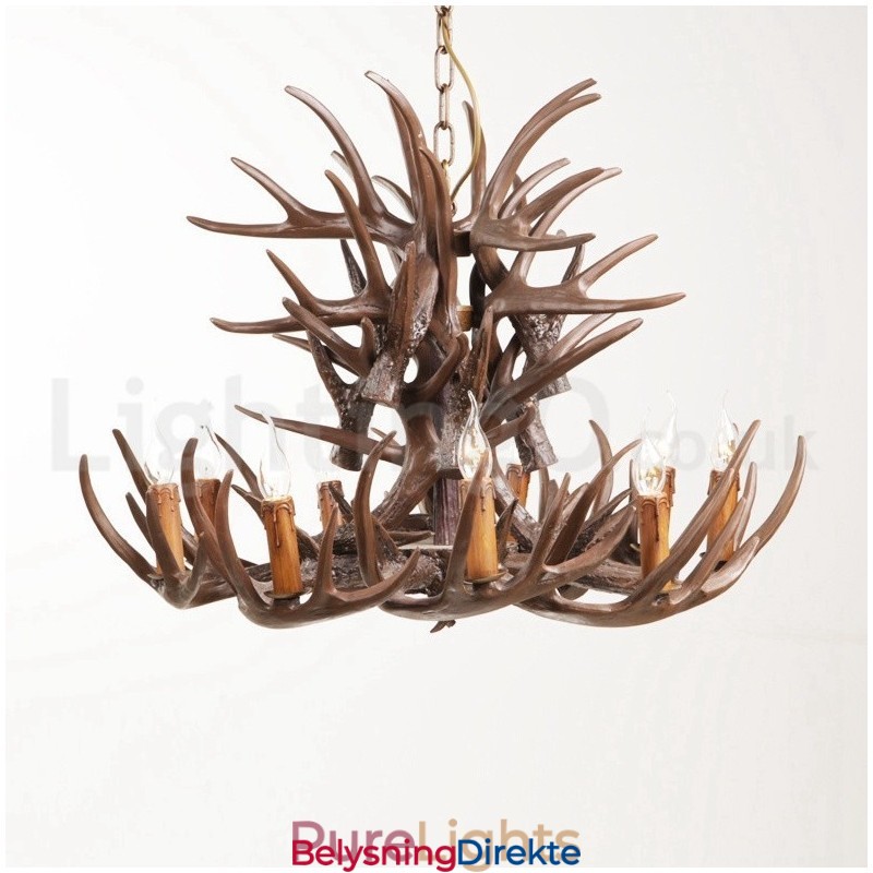 Rustikk Kunstnerisk Retro Lysekrone Med Gevir Og 9 Lys