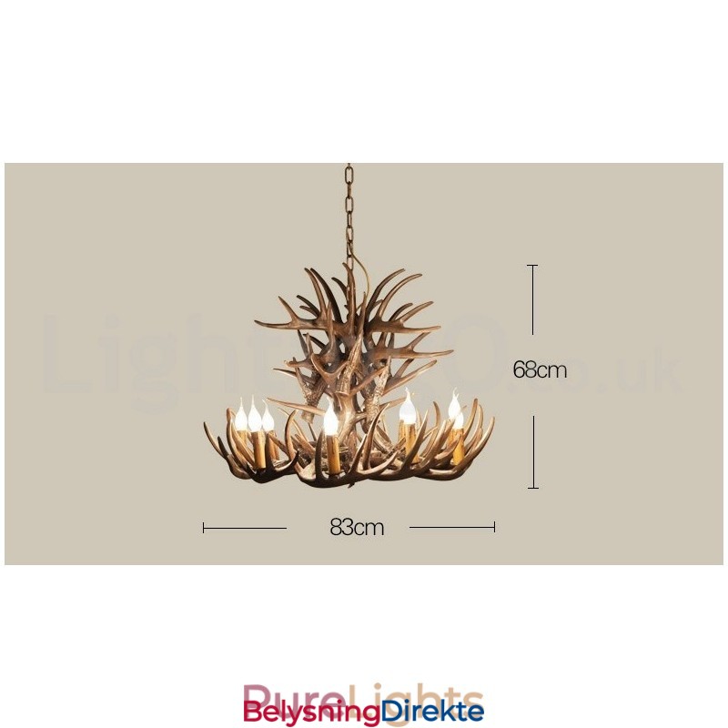 Rustikk Kunstnerisk Retro Lysekrone Med Gevir Og 9 Lys