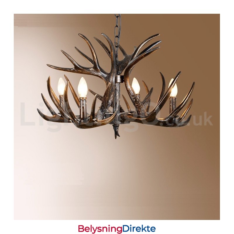 Rustikk, Kunstnerisk, Retro Lysekrone Med Gevir Og 4 Lys