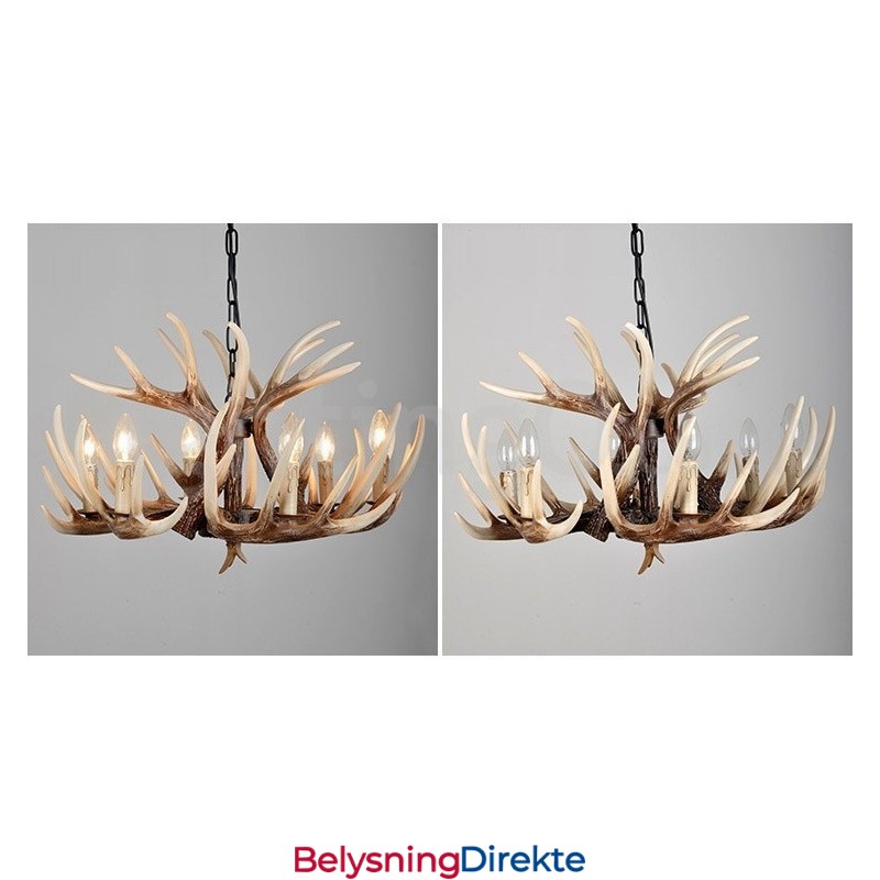 Rustikk Kunstnerisk Retro Lysekrone Med Gevir Og 6 Lys