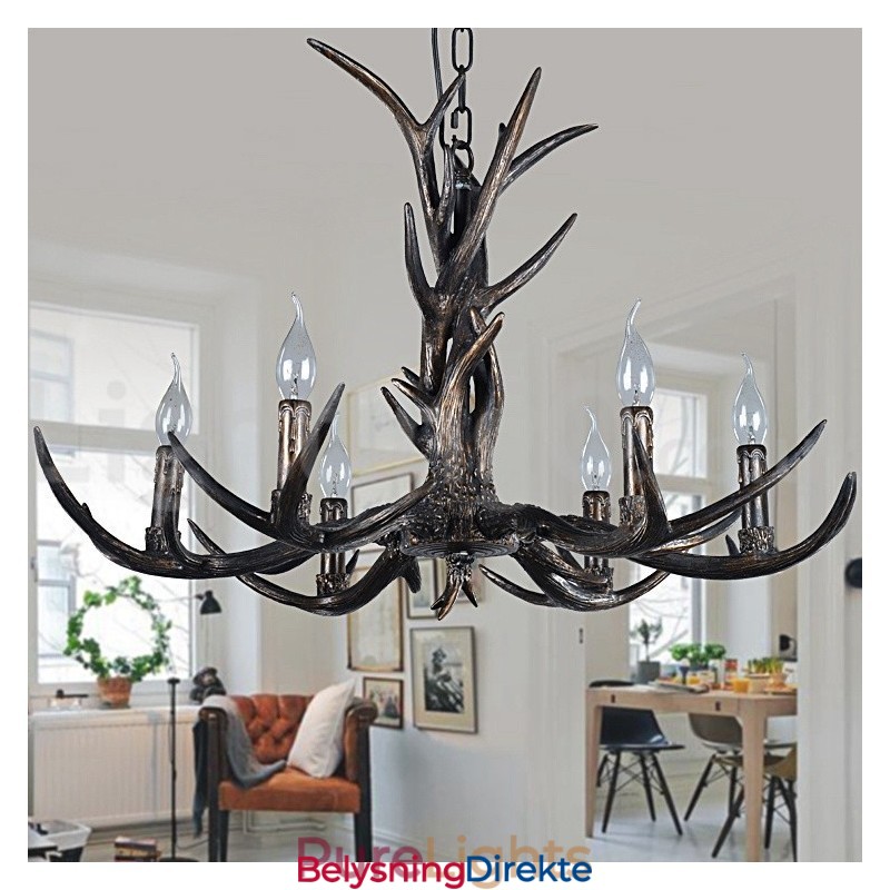 Rustikk Kunstnerisk Retro Lysekrone Med 6 Lys, Svart Og Vintage