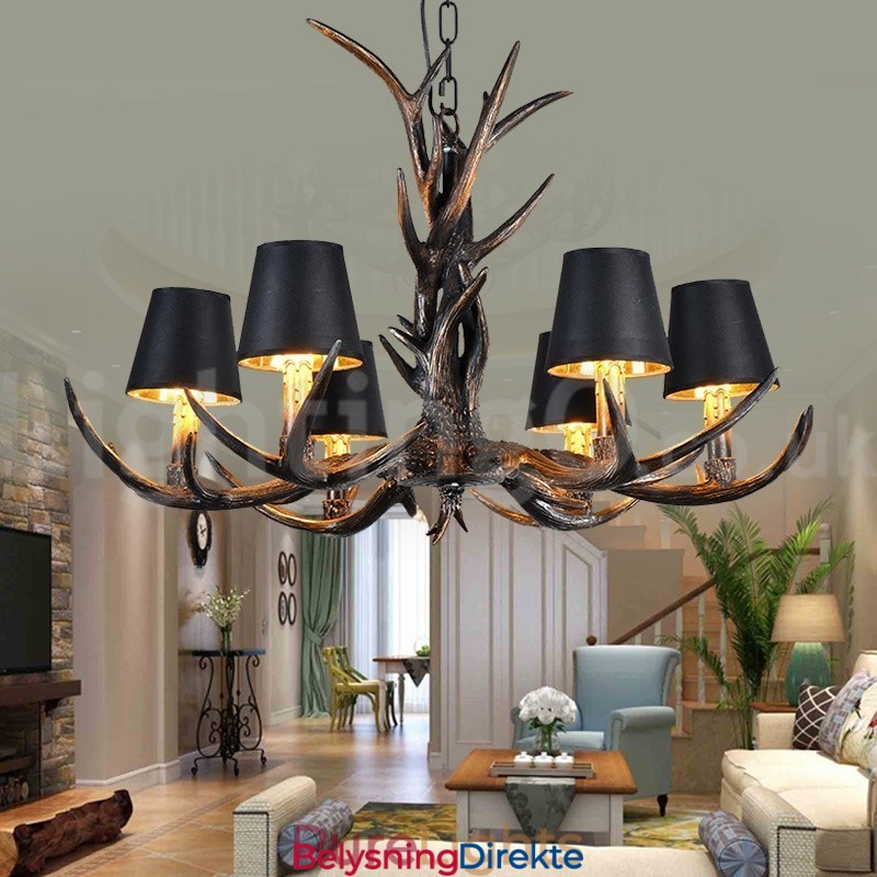 Rustikk Kunstnerisk Retro Lysekrone Med 6 Lys, Svart Og Vintage