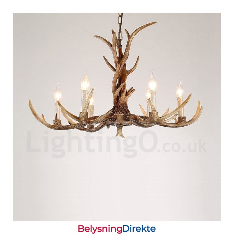 Rustikk Kunstnerisk Retro Lysekrone Med Gevir Og 6 Lys