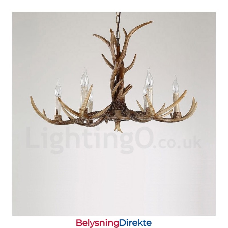 Rustikk Kunstnerisk Retro Lysekrone Med Gevir Og 6 Lys