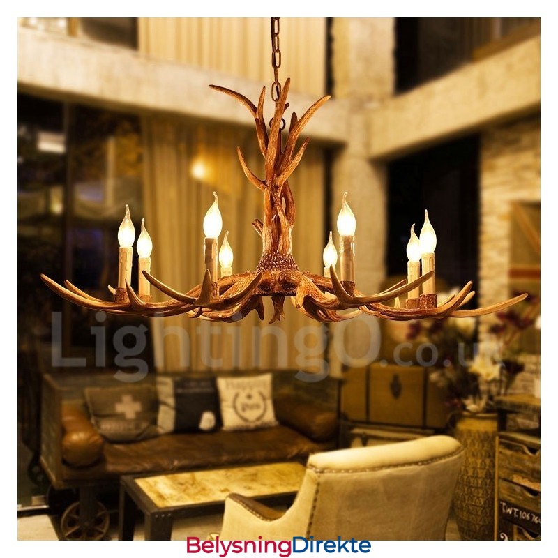 Rustikk Kunstnerisk Retro Lysekrone Med Gevir Og 8 Lys
