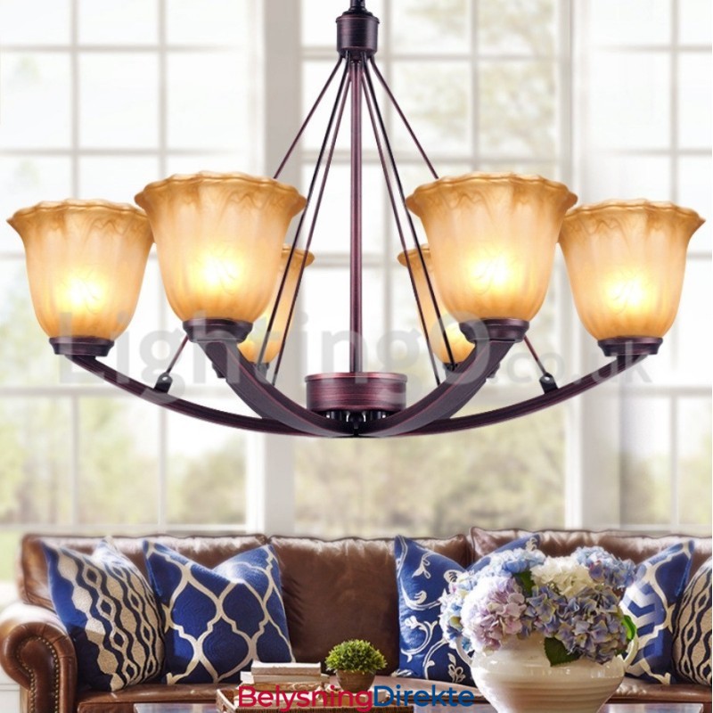 Rustikk 6-Pærer Glasslampeskjerm Rustfritt Stål Lysekrone