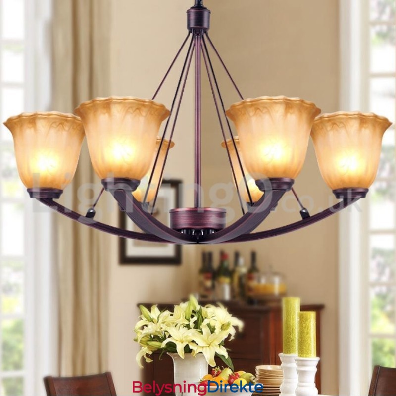Rustikk 6-Pærer Glasslampeskjerm Rustfritt Stål Lysekrone