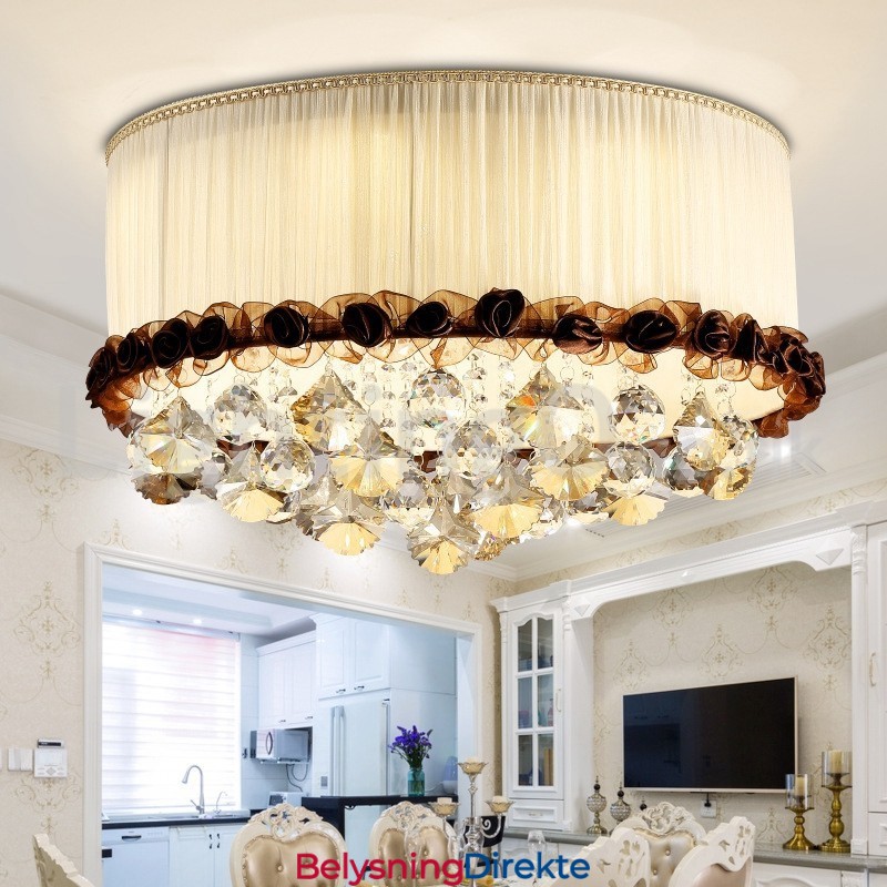 Moderne 50 Cm Rund Krystalltaklampe I Stoffskjerm