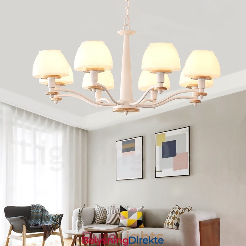 6 Lys, 8 Lys, Flerfarget Anhengslampe I Makrontre Med Glassskjermer, Lysekrone I Nordisk Stil