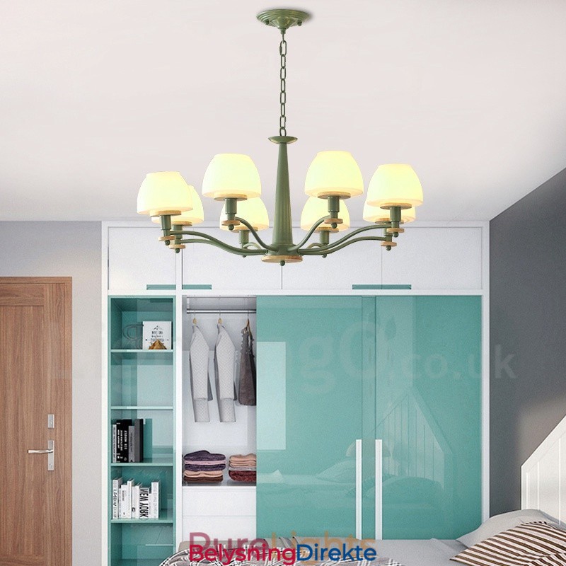 6 Lys, 8 Lys, Flerfarget Anhengslampe I Makrontre Med Glassskjermer, Lysekrone I Nordisk Stil